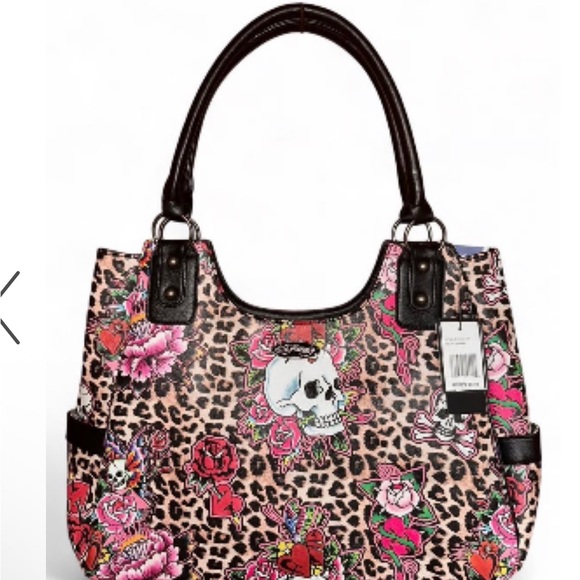 Ed Hardy Handbags - Ed Hardy Leopard Floral Skull Floral Tote Bag Hearts Butterflies New